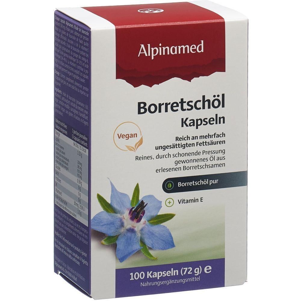 Karton mit Aufschrift "Alpinamed Borretschöl Kapseln". Vegan-Siegel. 100 Kapseln. Enthält Borretschöl pur und Vitamin E.