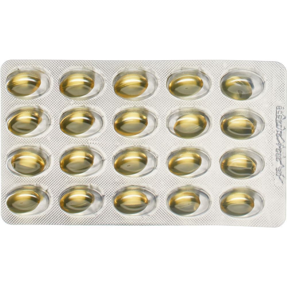 Blisterpackung mit 20 gelben Kapseln. Kapseln in ovalen Vertiefungen angeordnet.