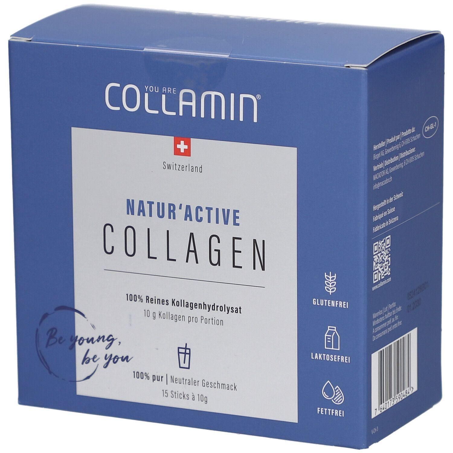 Blau-weiße Schachtel mit COLLAMIN Natur'Active Collagen. Text: Natur'Active Collagen, glutenfrei, laktosefrei, fettfrei. 15 Sticks à 10g.