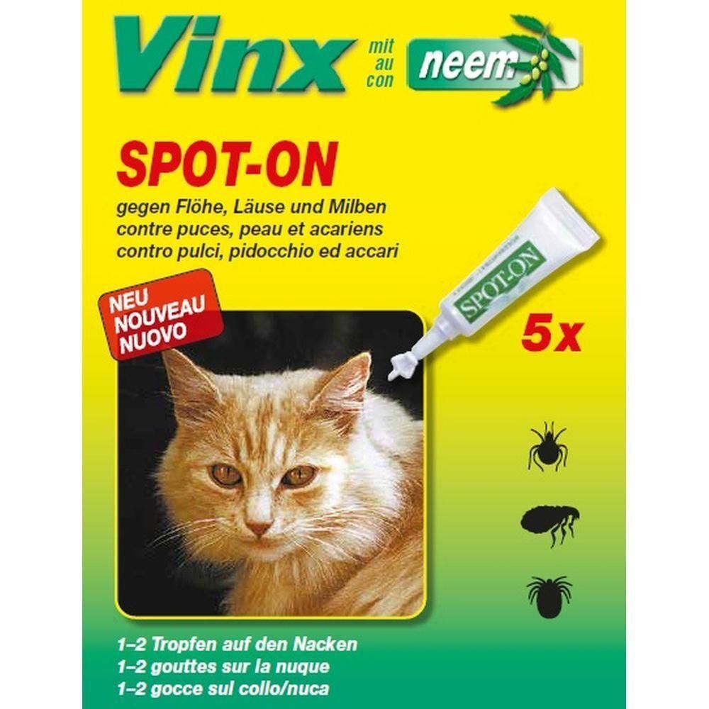 Verpackung mit Produktnamen Vinx Spot-On. Enthält 5 Applikatoren. Abgebildet: Katze, Insekten-Symbole.