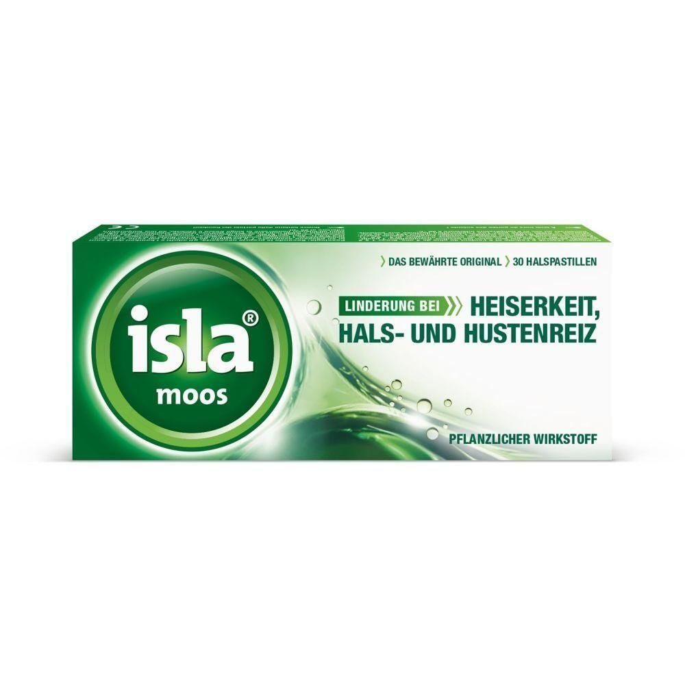 Boîte verte avec logo "isla moos". Texte: Soulagement de l'enrouement, de la gorge et de la toux. "Principe actif végétal".