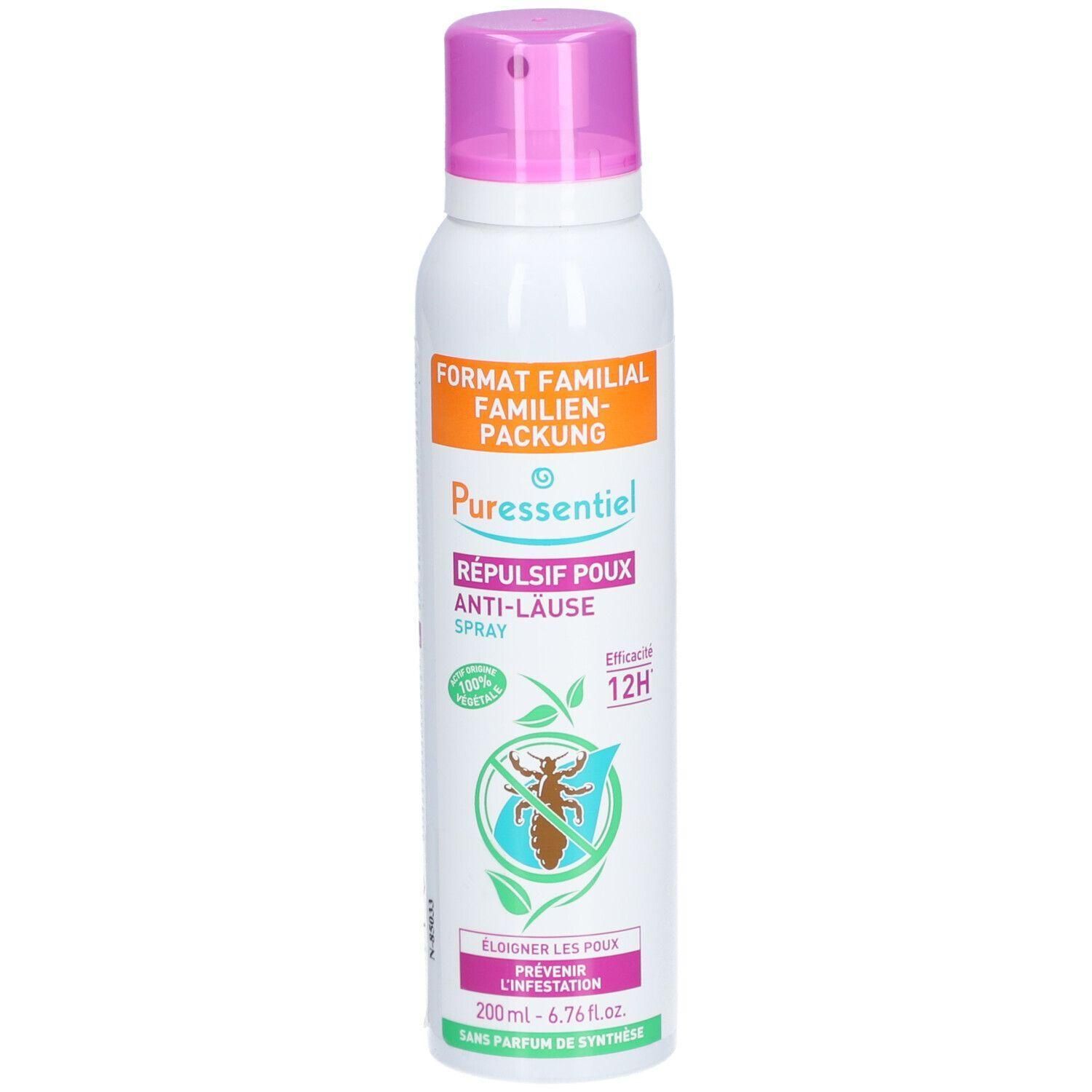 Weiße Sprühflasche mit pinkfarbenem Deckel. Aufschrift: REPULSIF POUX ANTI-LÄUSE SPRAY. Orangefarbener Aufdruck: FORMAT FAMILIAL. Grün-weißes Logo.