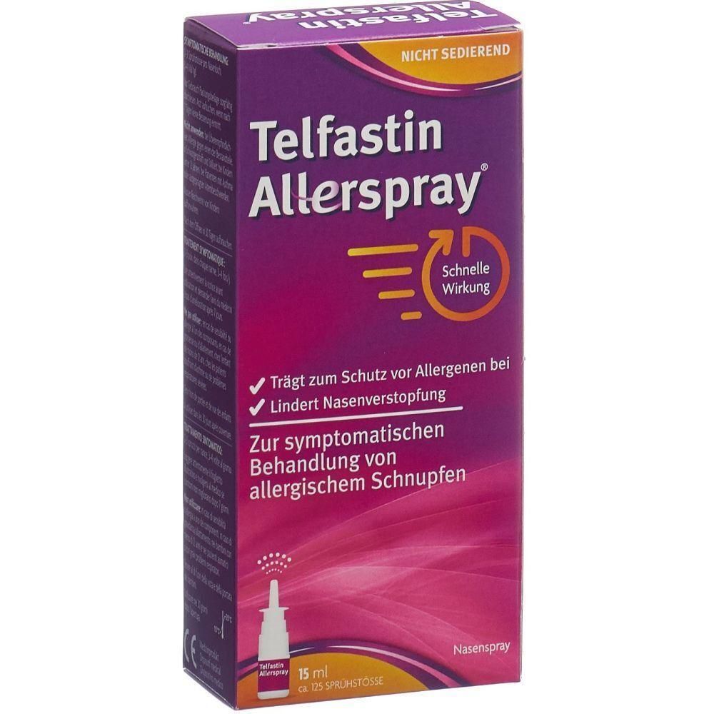 Nasenspray-Verpackung. Lila Schachtel mit weißem Schriftzug Telfastin Allerspray. Enthält 15 ml. Schnelle Wirkung.
