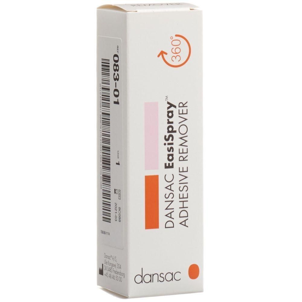 Weiße rechteckige Verpackung mit Produktnamen DANSAC EasiSpray Adhesive Remover. Orangefarbene und rosa Streifen. 360° Symbol.