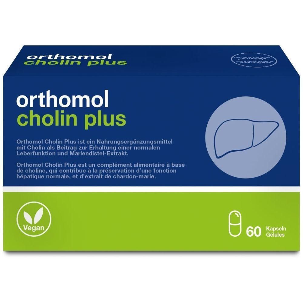 Blau-grüne Schachtel mit "orthomol cholin plus" Schriftzug. Enthält 60 Kapseln. Vegan-Siegel. Abbildung einer Leber.