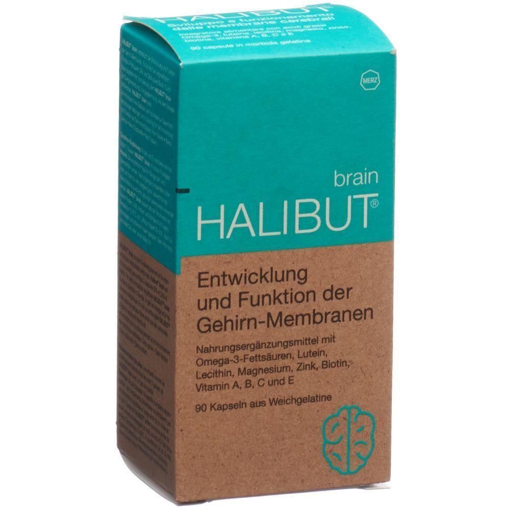 Boîte de HALIBUT-Gehirn. Emballage turquoise et marron avec nom et texte du produit. Contient 90 gélules. Inscription : Développement et fonction des membranes cérébrales.