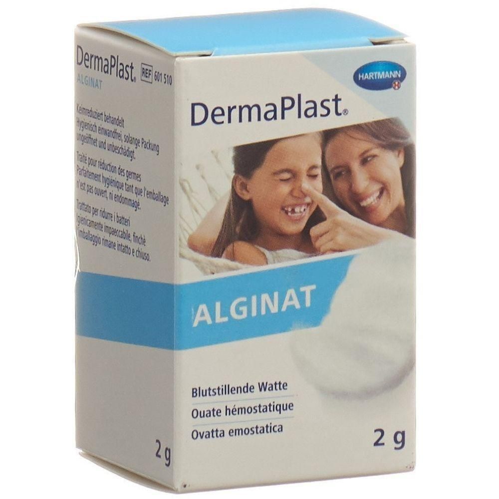 Kartonverpackung von DermaPlast Alginat. Aufdruck: ALGINAT, Blutstillende Watte, 2 g. Abbildung: Frau und Kind.
