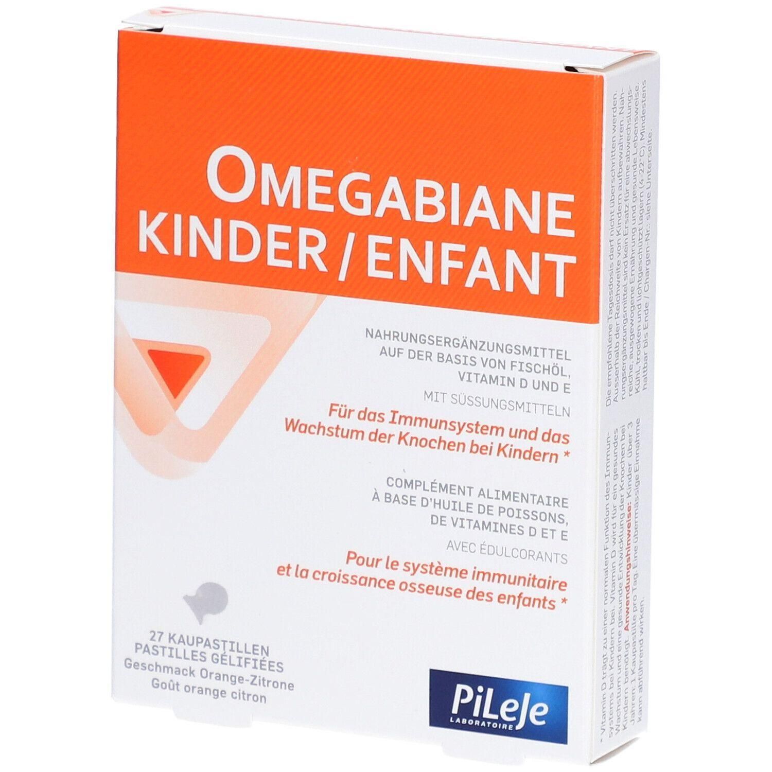 Boîte OMEGABIANE Kinder/Enfant. Complément alimentaire avec 27 pastilles gélifiées. Goût orange citron. Marque Pileje.