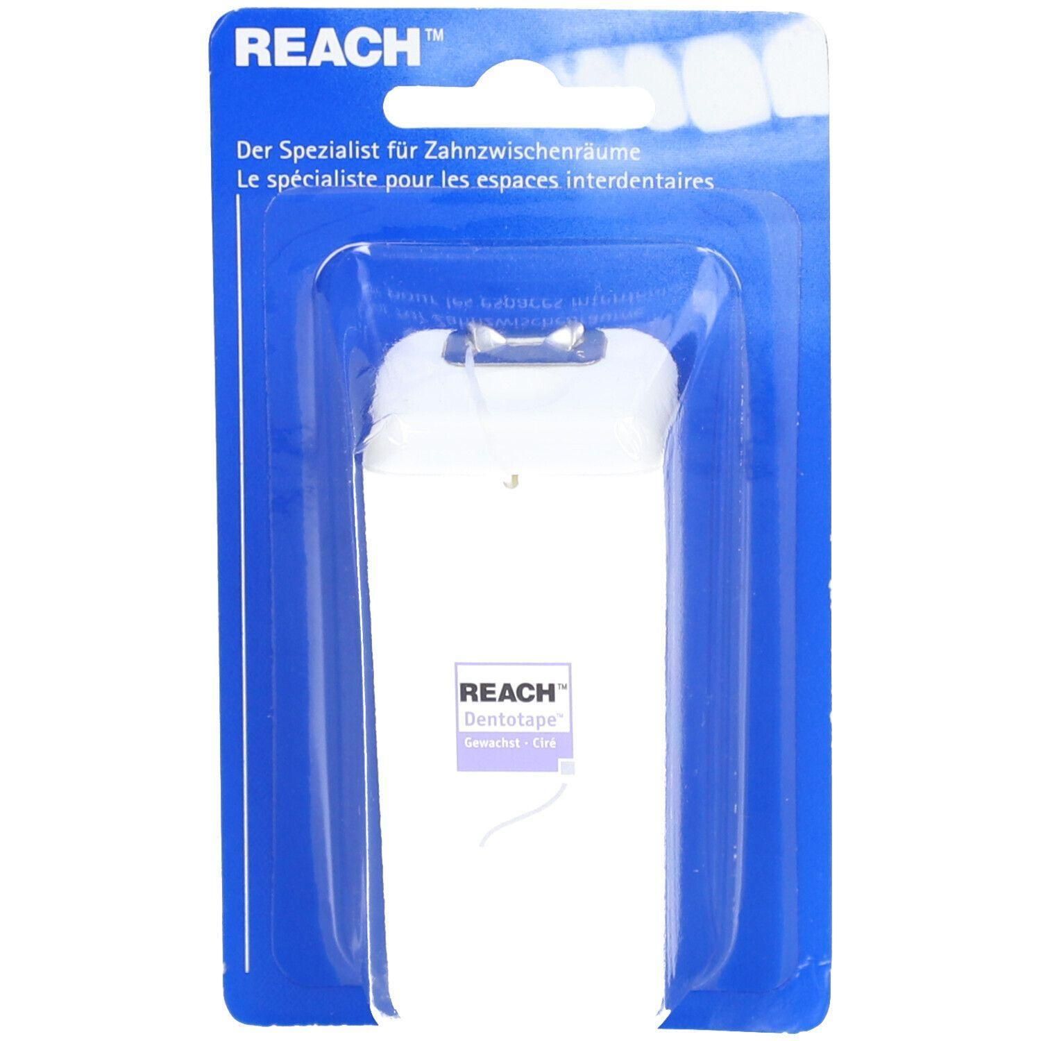 Fil dentaire en emballage blister. Rectangle blanc avec logo REACH et texte. Emballage bleu avec trou de suspension.