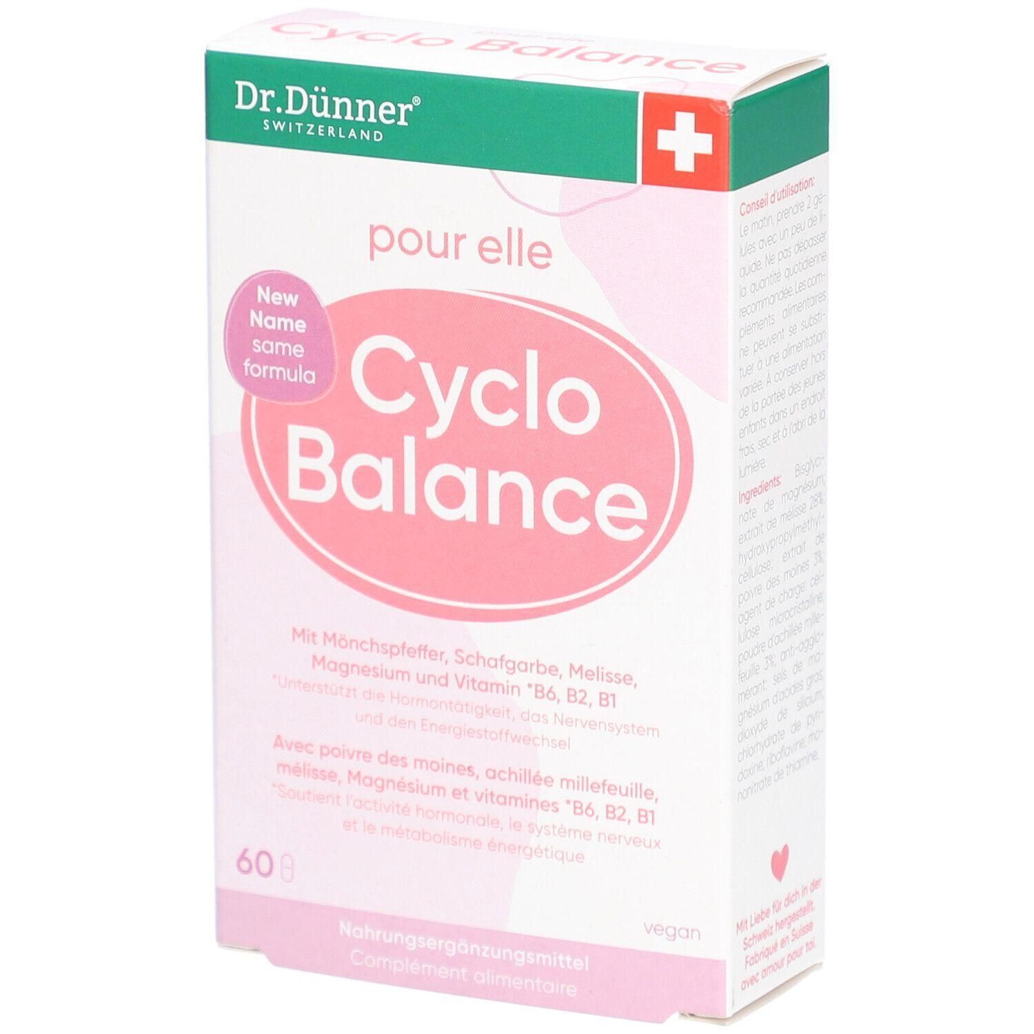 Boîte blanche avec un ovale rose. On lit "Cyclo Balance". En haut à gauche "Dr. Dünner". Ingrédients et "60". Vegan.