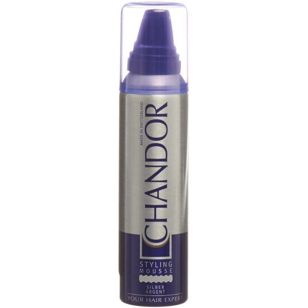 Styling Mousse-Flasche. Silberfarbene Dose mit blauem Deckel und Aufschrift CHANDOR. Text: Styling Mousse Silber Argent. Hergestellt in der Schweiz.