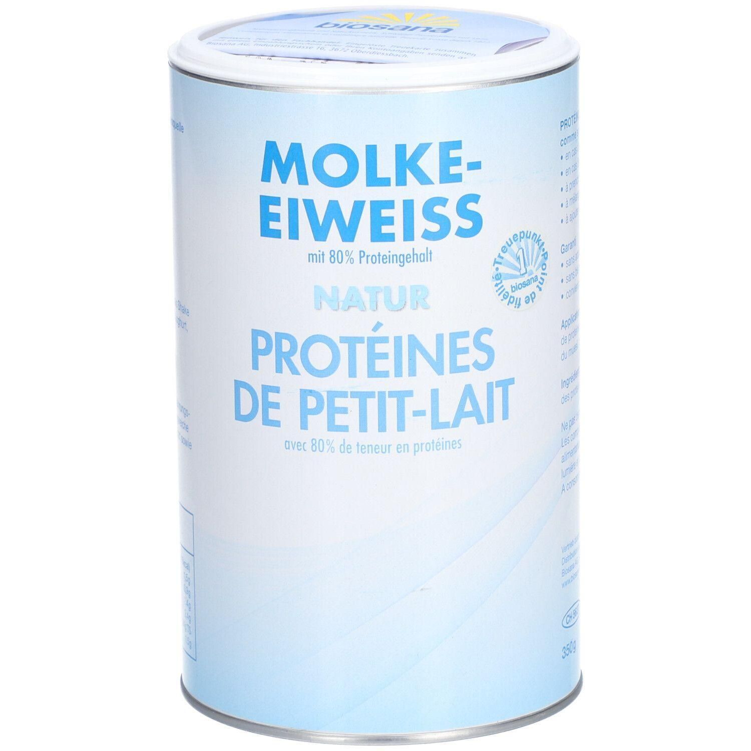 Zylindrische Dose mit Aufschrift MOLKE-EIWEISS NATUR. Text in Deutsch und Französisch. Enthält 80% Proteingehalt.