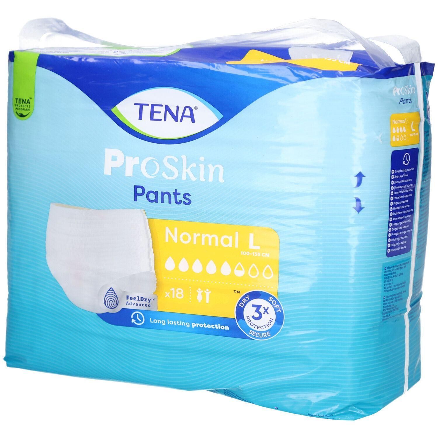 Verpackung von TENA ProSkin Pants Normal L. Blaue Verpackung mit Produktabbildung. Enthält 18 Stück. Mit Logo und Produktbezeichnung.