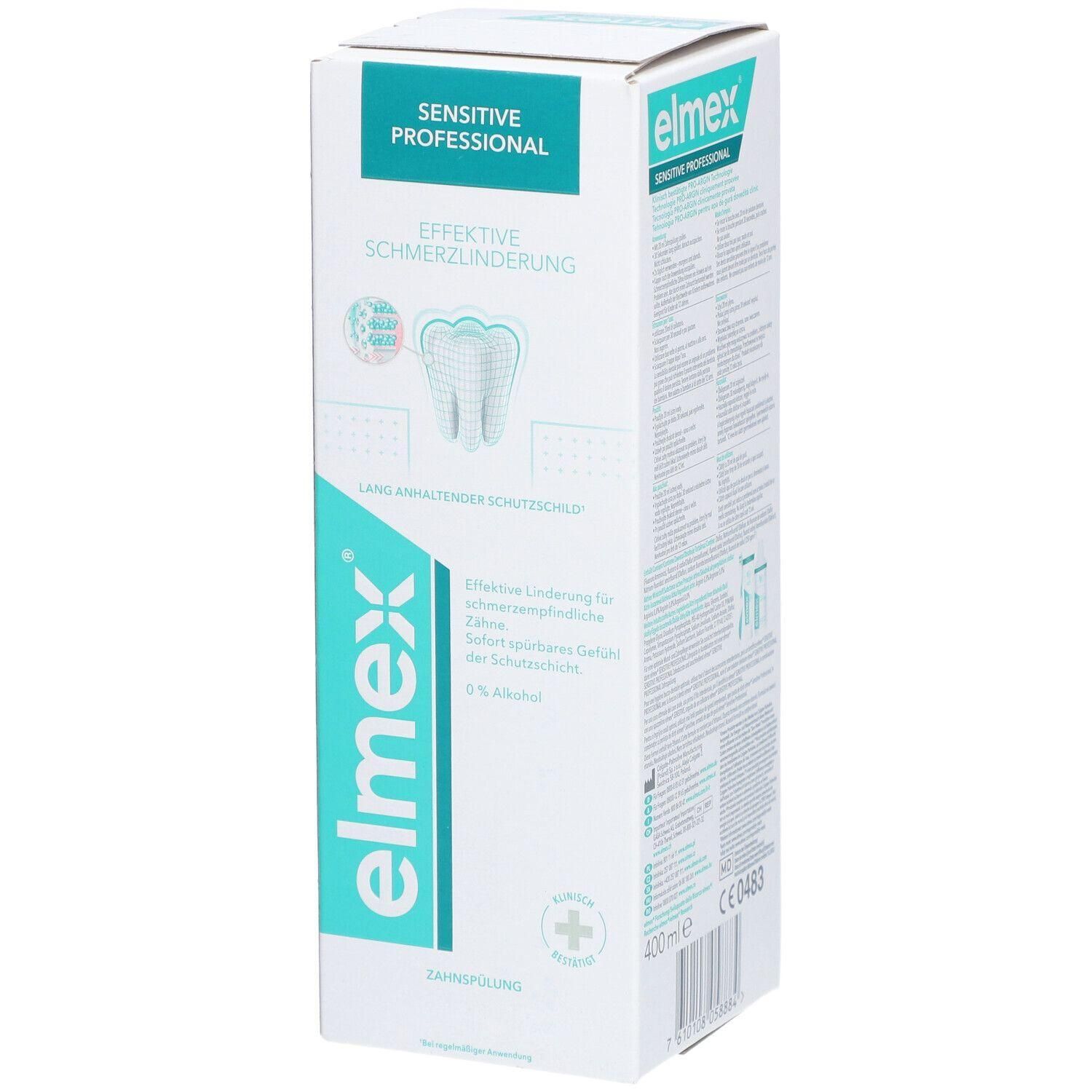 Weißer Karton mit Produktinformationen. Aufschrift: elmex Sensitive Professional, effektive Schmerzlinderung. Zahn-Symbol.