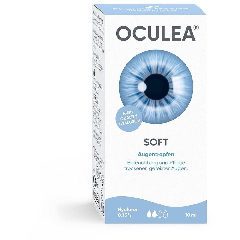 Boîte de gouttes oculaires OCULEA® SOFT. Illustration d'un œil bleu. Texte: SOFT, Augentropfen, Hyaluron 0,15%, 10 ml.