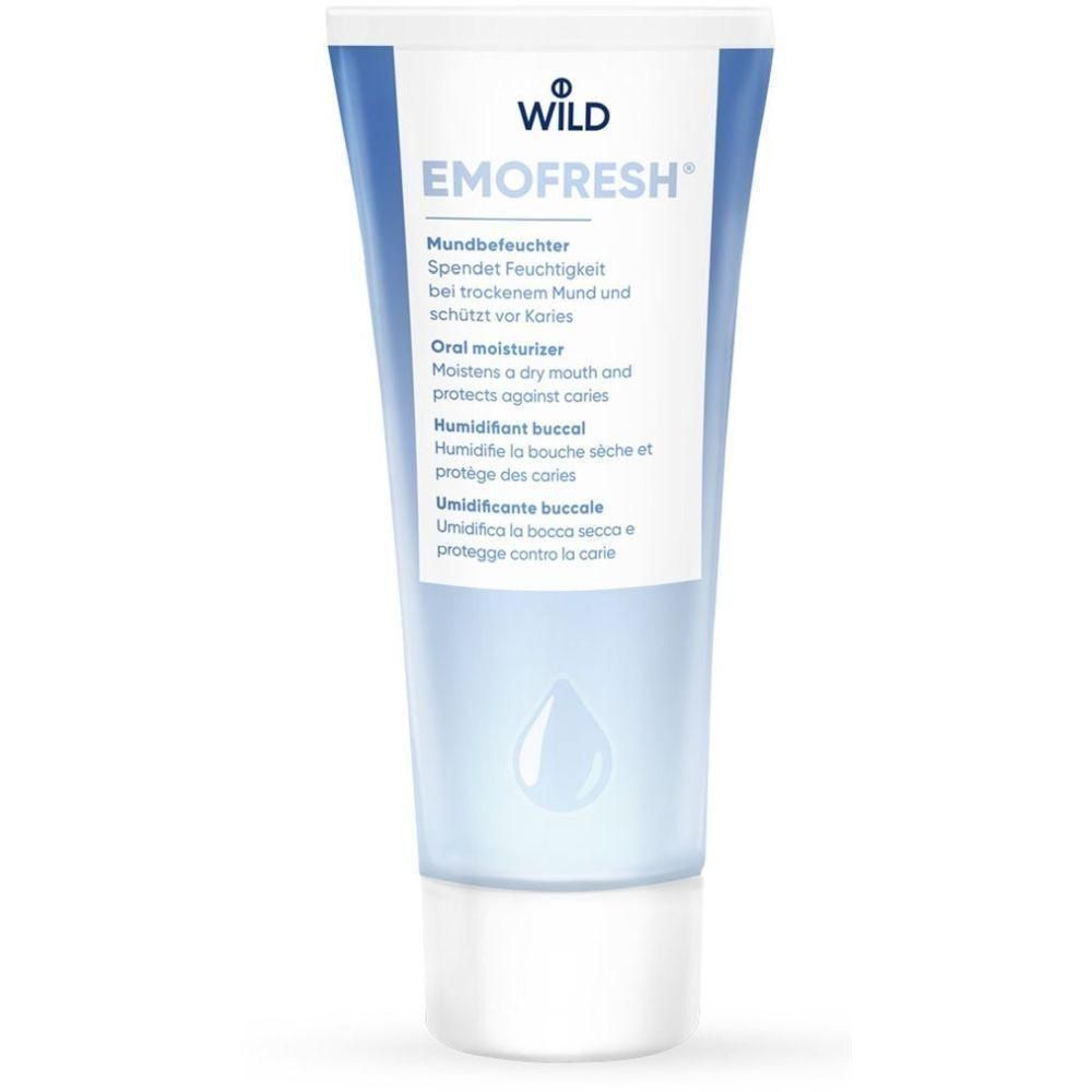 Tube de dentifrice avec nom et texte du produit. Tube bleu et blanc avec nom et description du produit en plusieurs langues.