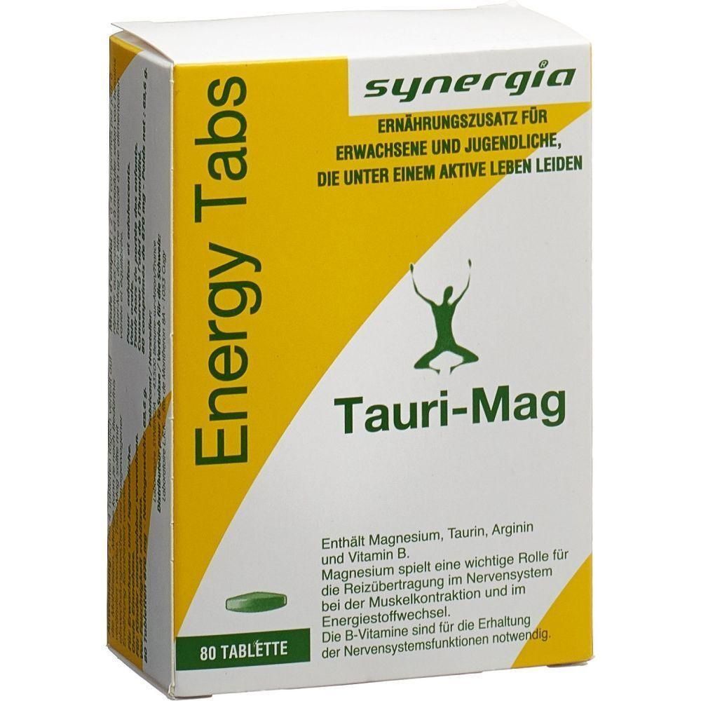 Boîte blanc et jaune avec "Energy Tabs" et "Tauri-Mag". Contient 80 comprimés. Marque: synergia.