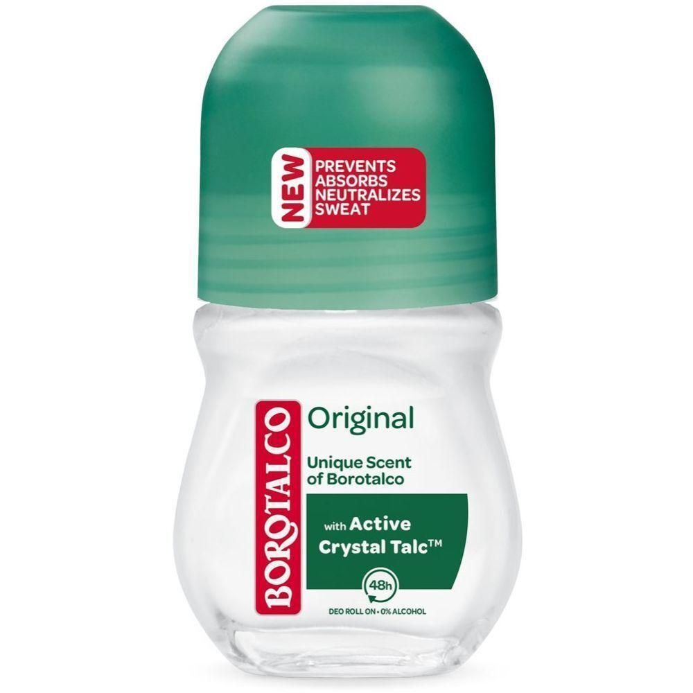 Déodorant roll-on. Capuchon vert. Inscriptions : BOROTALCO, Original, avec Active Crystal Talc. Protection 48h. Nouveau.