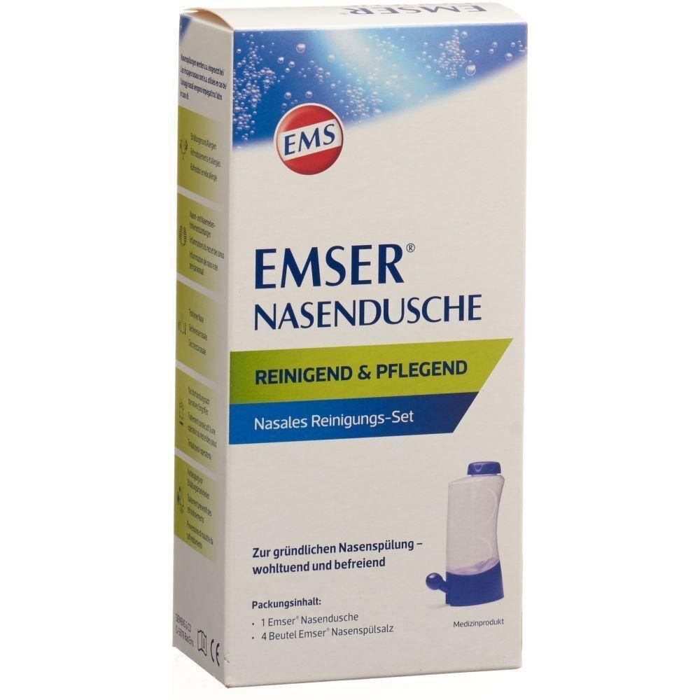 Verpackung von EMSER Nasendusche. Weiß, mit Produktname und Logo. Enthält Nasendusche und Nasenspülsalz.