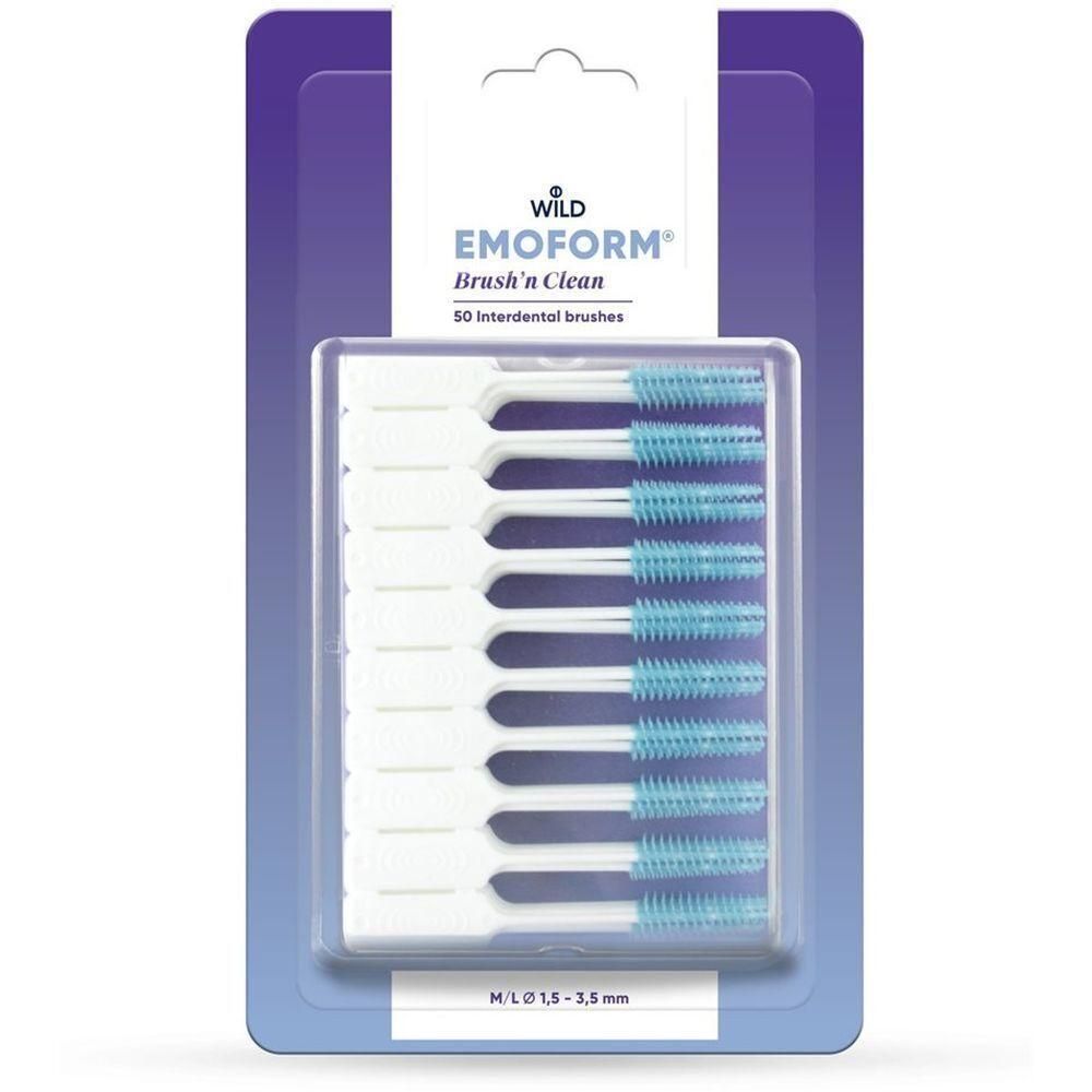 Verpackung mit Interdentalbürsten. Marke EMOFORM Brush'n Clean. Blaue Borsten, weißer Griff. Größe M/L 1,5-3,5 mm.