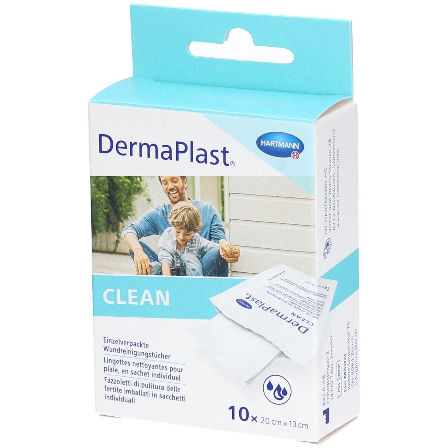 Boîte de DermaPlast Clean. Lingettes nettoyantes individuelles. 10 pièces. Emballage bleu et blanc. Logo Hartmann.