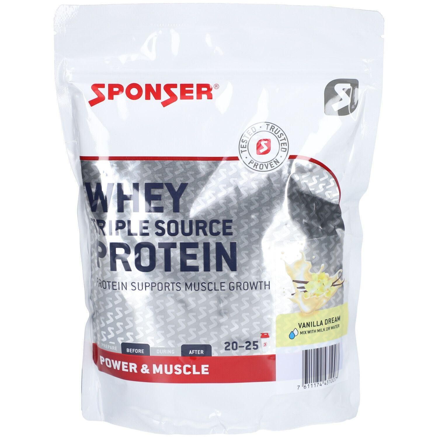 Weißer Beutel mit SPONSER Whey Triple Source Protein. Aufschrift: Whey, Protein, Power & Muscle. Mit Logo und Siegel.