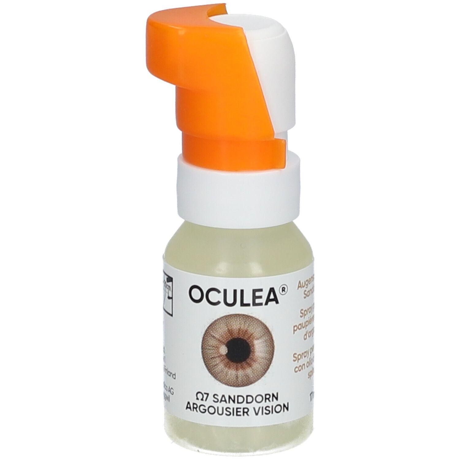 Augenspray-Flasche mit orangefarbenem Sprühkopf. Aufschrift OCULEA und Abbildung eines Auges. Text: Q7 Sanddorn Argousier Vision.