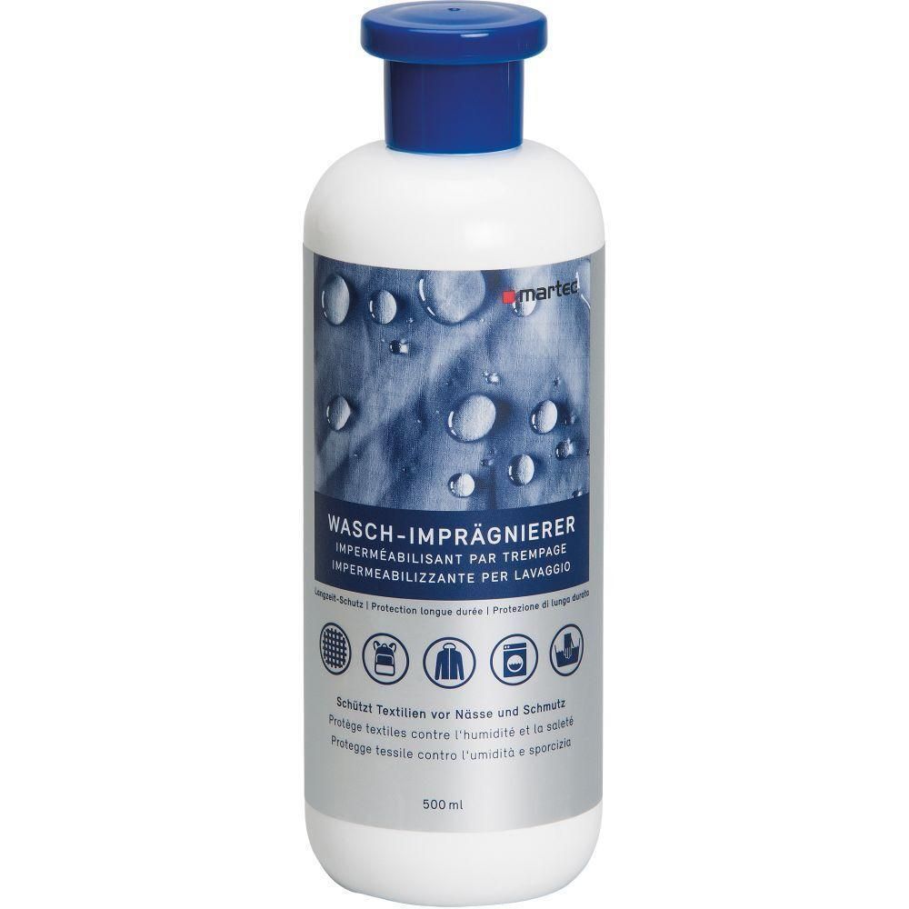 Flacon blanc avec bouchon bleu. Inscription: Wasch-Imprägnierer. Logos et texte multilingues. 500 ml.