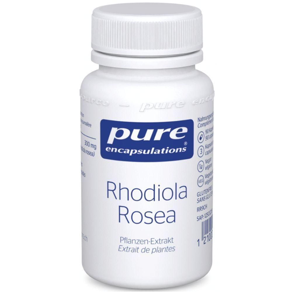 Weiße Flasche mit Kapseln. Aufschrift: pure encapsulations, Rhodiola Rosea. Pflanzen-Extrakt. Deckel und Flasche sind weiß.