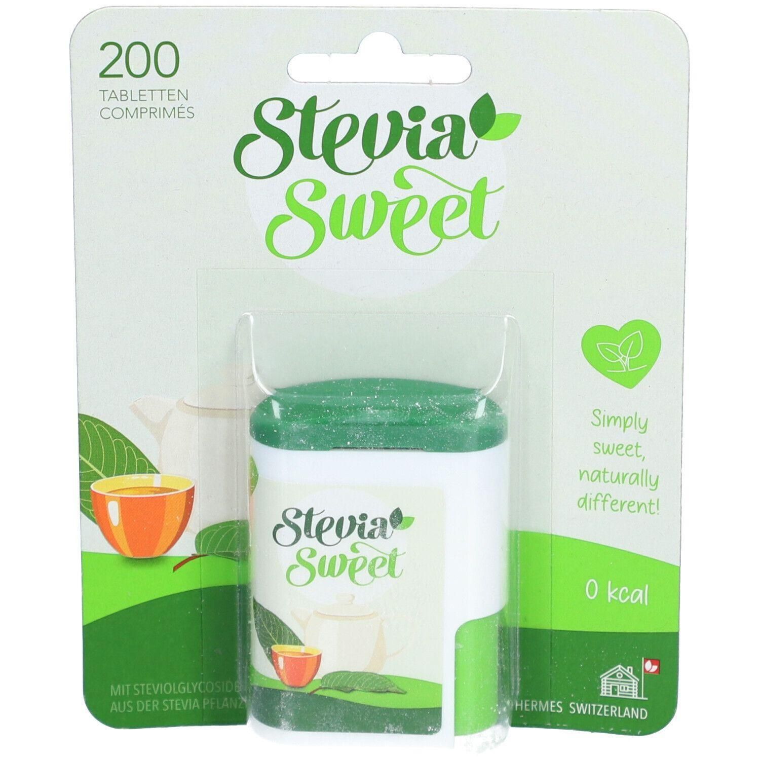 Tablettes SteviaSweet dans un récipient blanc à couvercle vert. L'emballage affiche le logo et l'inscription "0 kcal".