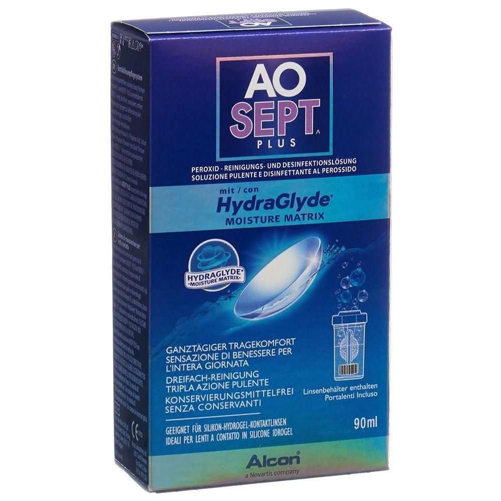 Boîte de AO SEPT PLUS avec HydraGlyde. Bleu, avec nom du produit, symbole lentille et texte en allemand et italien.