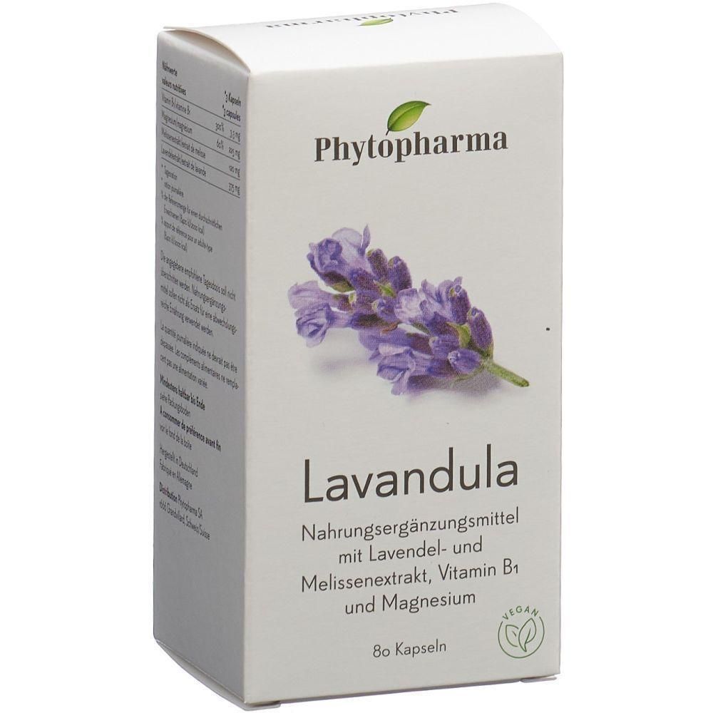 Weiße Schachtel mit Produktnamen Lavandula und Marke Phytopharma. Abbildung einer Lavendelblüte. Text: Nahrungsergänzungsmittel, 80 Kapseln.