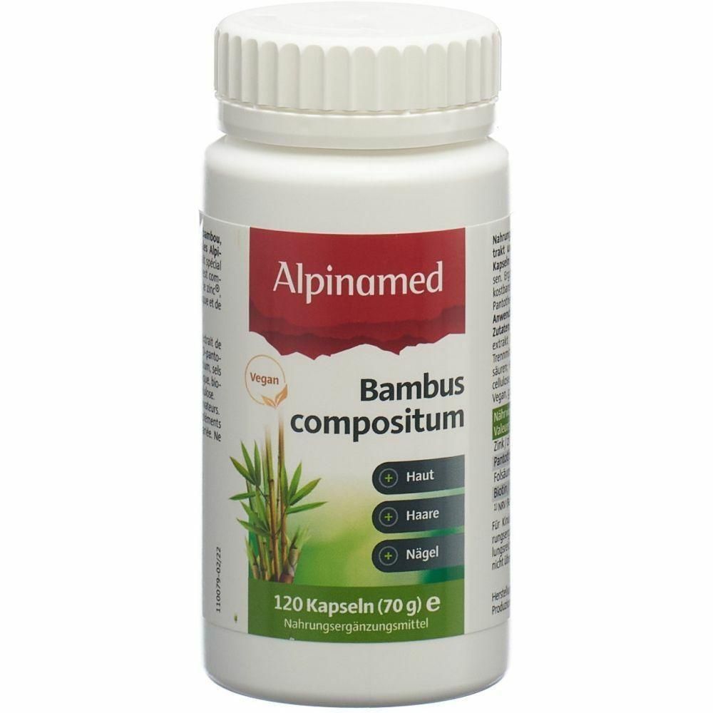 Weiße Flasche mit Schraubverschluss. Aufschrift Alpinamed Bambus compositum. Vegan-Siegel. 120 Kapseln. Nahrungsergänzungsmittel.