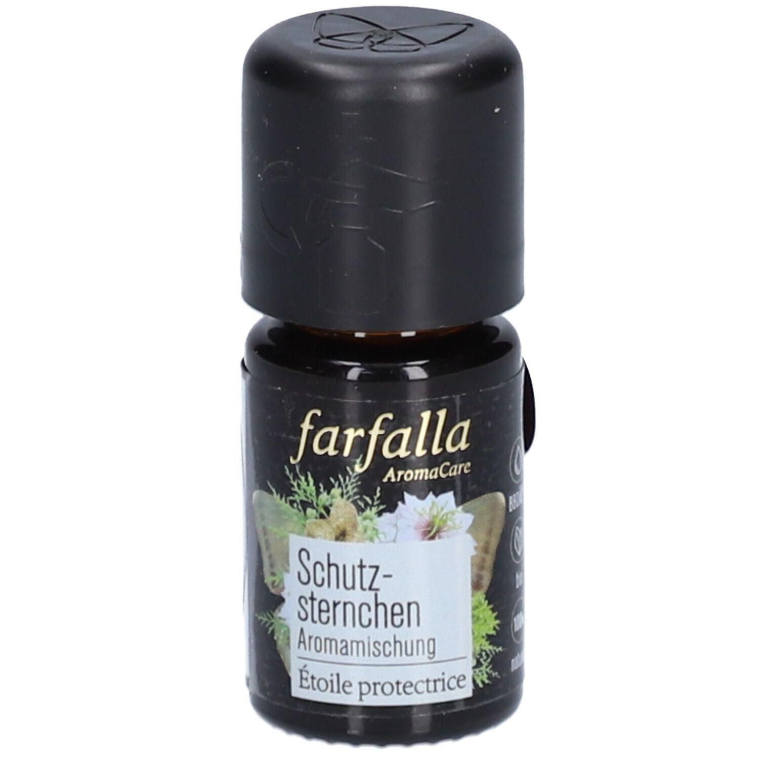 Braune Glasflasche mit schwarzem Deckel. Aufschrift: farfalla, Aromamischung Schutzsternchen, Étoile protectrice.