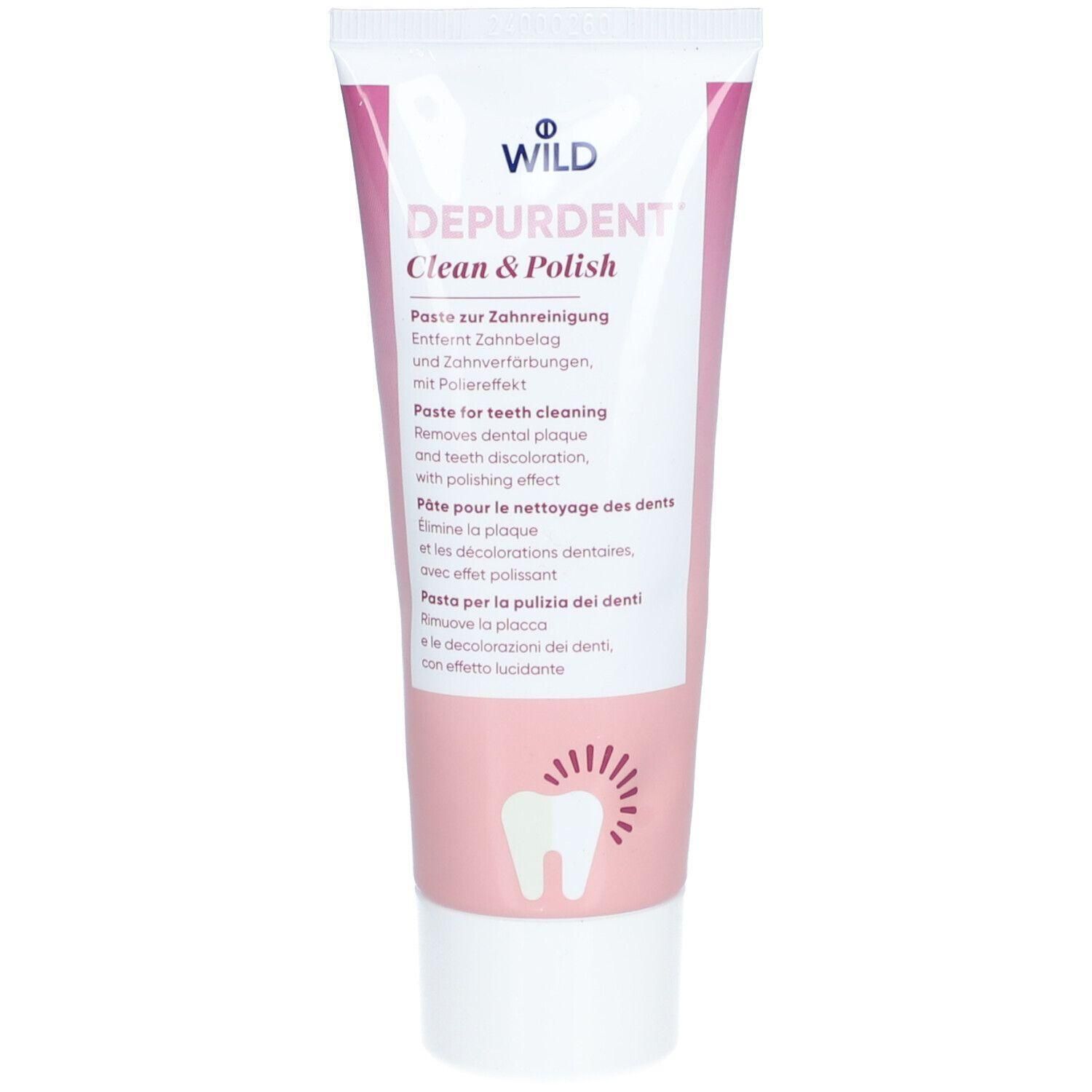 Zahnreinigungspaste in einer Tube. Rosa-weißes Design mit Produktnamen und Logo. Enthält Text in mehreren Sprachen.