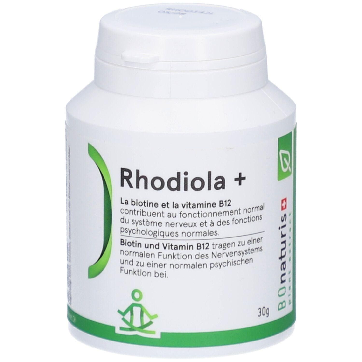 Weiße Flasche mit grünem Etikett. Aufschrift: Rhodiola +. Enthält Biotin und Vitamin B12. Marke: B.Onaturis. 30g.