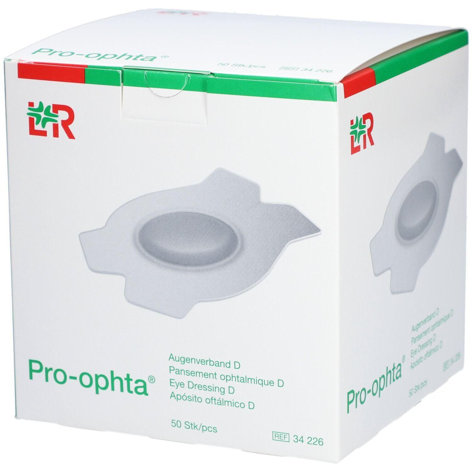 Weißer Karton mit Produktabbildung. Aufschrift: Pro-ophta, Augenverband D, 50 Stück. Logo: LR. Grün-roter Streifen am oberen Rand.