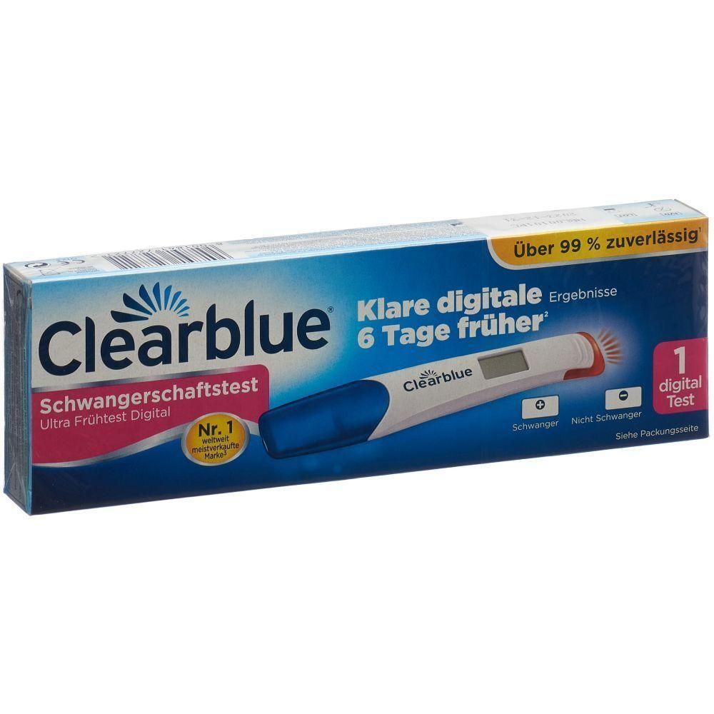Verpackung von Clearblue Schwangerschaftstest. Blaue Schachtel mit Produktabbildung und Text: Klare digitale Ergebnisse, 6 Tage früher. Enthält 1 Test.
