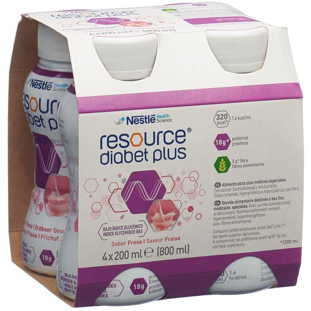 Packung mit vier Flaschen NESTLE RESOURCE® Diabet Plus. Erdbeergeschmack. Enthält 18g Protein und 320 kcal. Spezielle medizinische Ernährung.