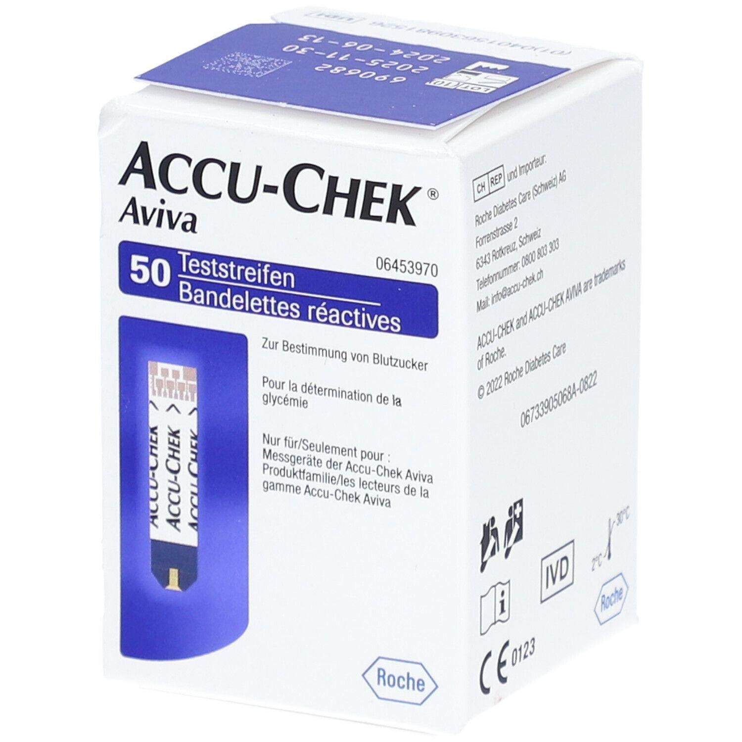 Weiße Verpackung mit Aufdruck. Enthält 50 Teststreifen. Marke: ACCU-CHEK Aviva. Text in Deutsch und Französisch. CE-Kennzeichnung.