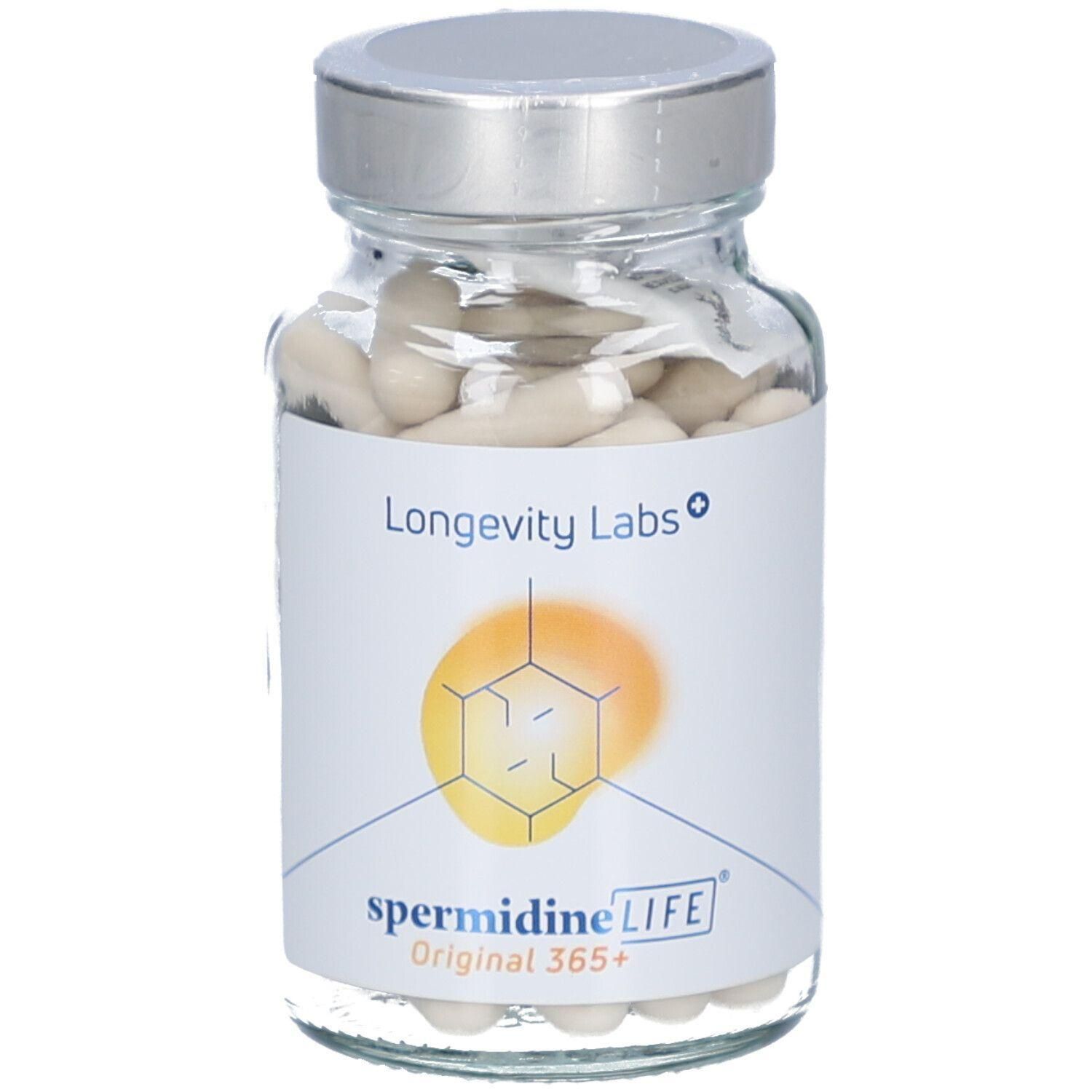 Glasflasche mit Kapseln. Aufschrift: Longevity Labs, spermidineLIFE Original 365+. Silberner Deckel, weißes Etikett mit gelbem Design.