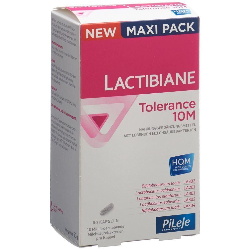 Verpackung von LACTIBIANE Tolerance 10M. Weiß-rosa Schachtel mit Produktnamen, Logo und Text. Enthält 80 Kapseln.
