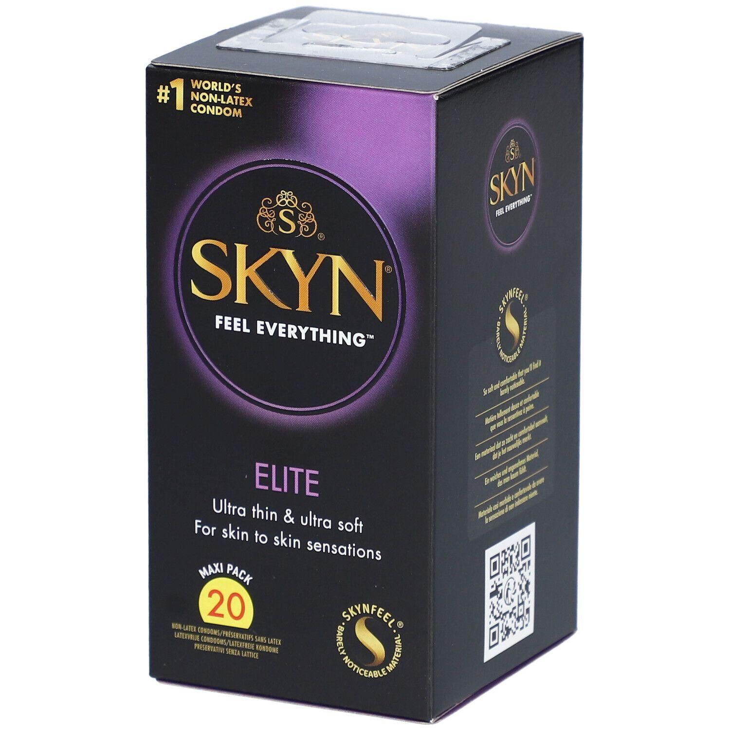 Boîte noire SKYN. Contient 20 préservatifs. Elite, ultra fins et doux. N°1 mondial des préservatifs non-latex. Texte et logo SKYN.