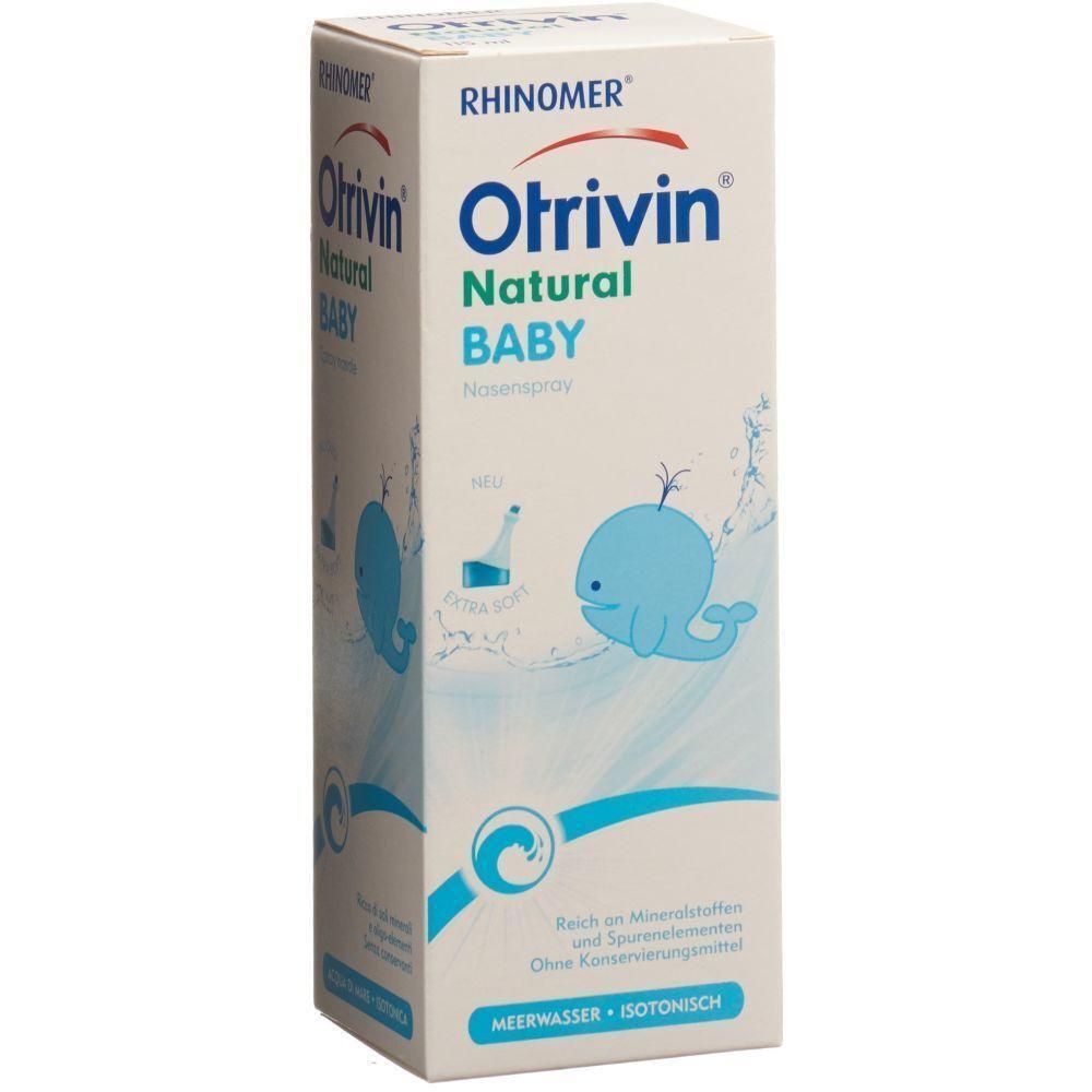 Weißer Karton mit Produktnamen und Logo. Enthält Text: Otrivin Natural Baby Nasenspray. Abbildung eines blauen Wals. Meerwasser, isotonisch.