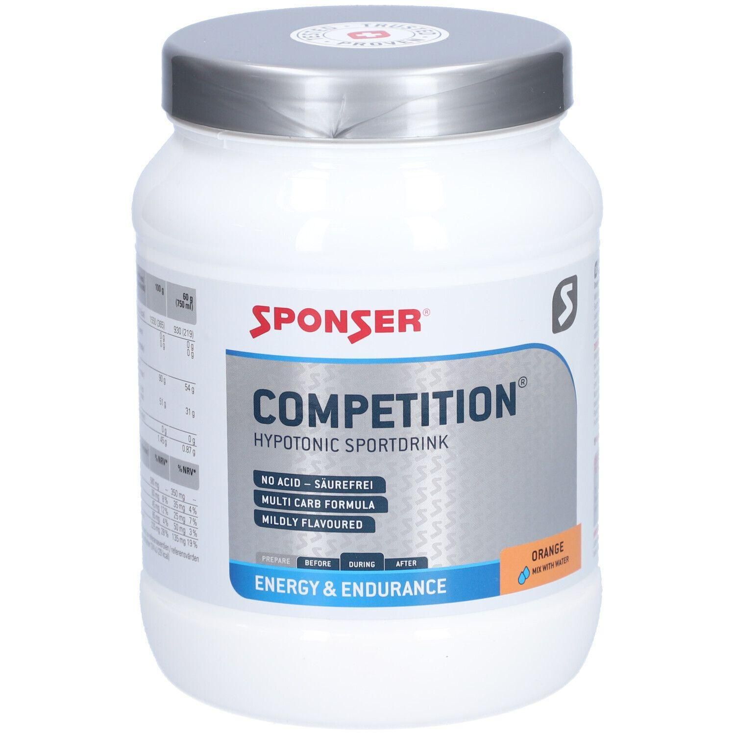 Pot blanc avec couvercle argenté. Inscription SPONSER COMPETITION. Texte : Hypotonic Sportdrink, Energy & Endurance. Arôme orange.