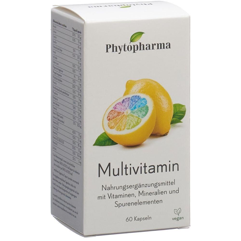 Weißer Karton mit "Phytopharma"-Logo und "Multivitamin"-Schriftzug. Abbildung einer Zitrone. Enthält 60 Kapseln. Vegan.