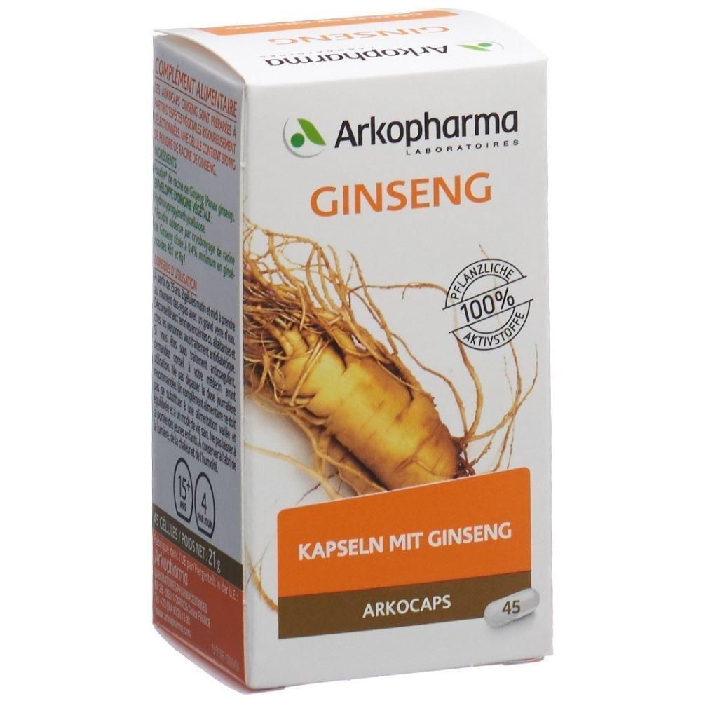 Weißer Karton mit Arkopharma Ginseng. Aufschrift: Kapseln mit Ginseng, 100% pflanzliche Aktivstoffe. Abbildung einer Ginsengwurzel.