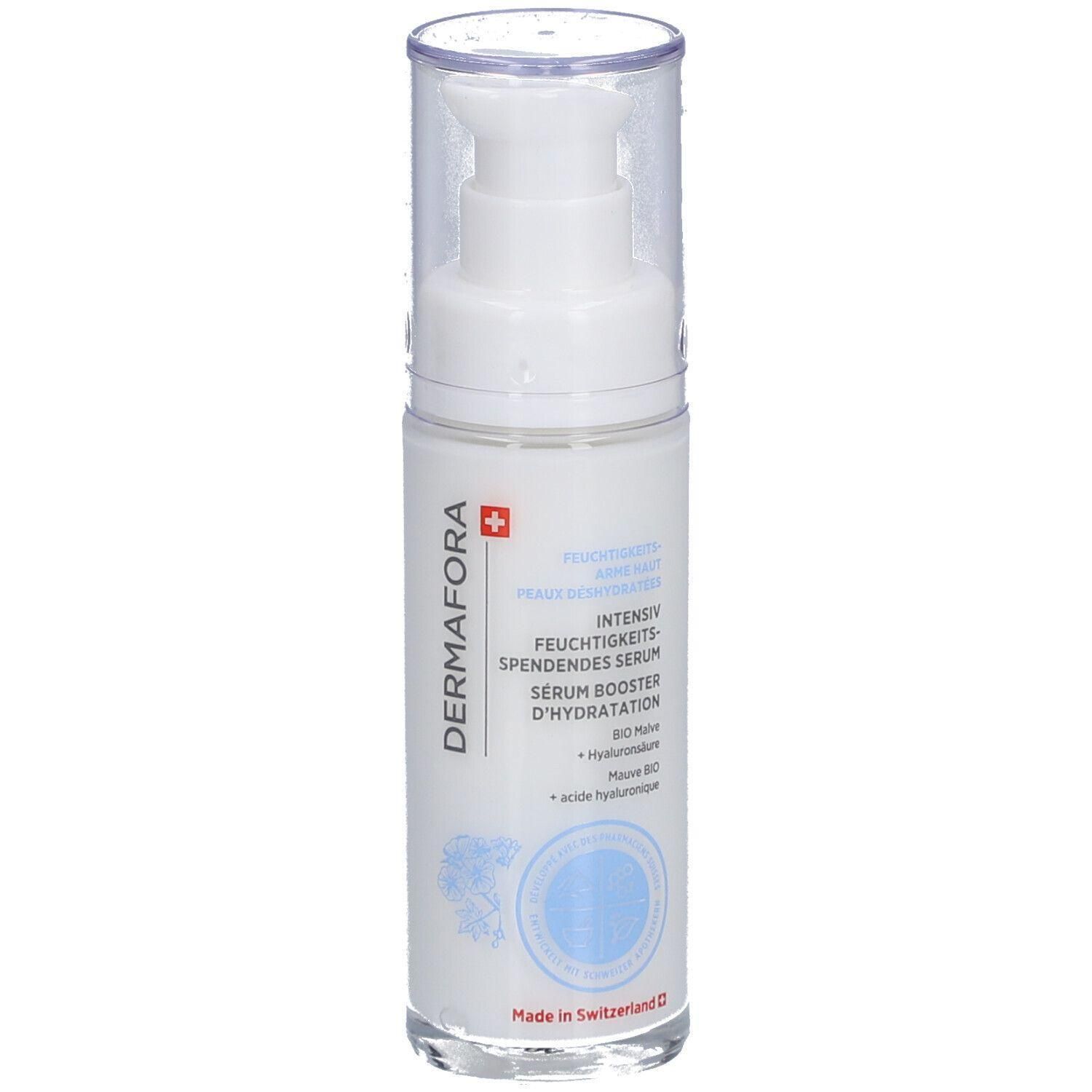 Weiße Serumflasche mit Pumpverschluss. Aufschrift: DERMAFORA, Intensiv feuchtigkeitsspendendes Serum. Schweizer Kreuz. Made in Switzerland.