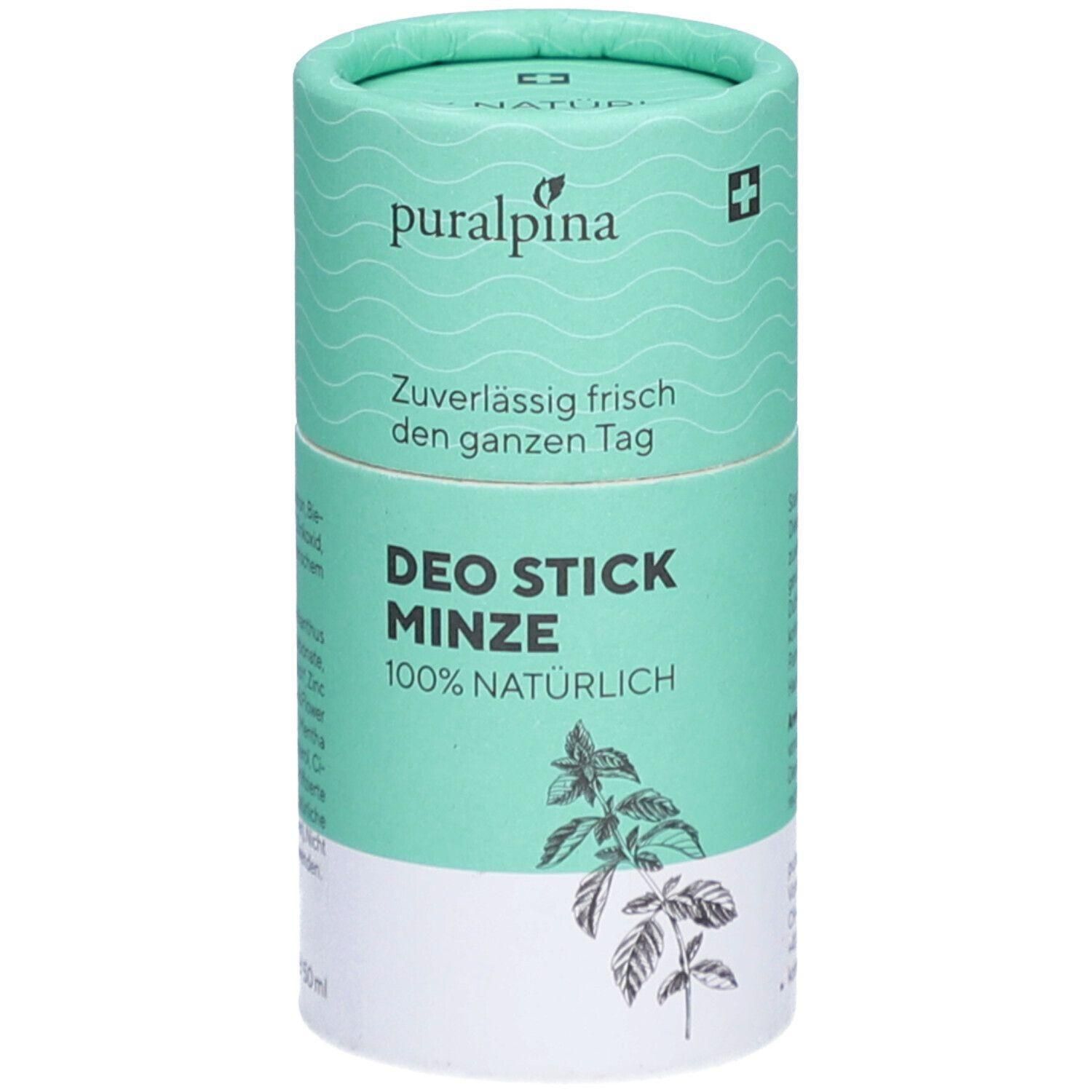 Zylindrische Verpackung. Oben: Marke puralpina, Schweizer Kreuz. Text: Deo Stick Minze, 100% natürlich. Mintgrün mit Wellenmuster.
