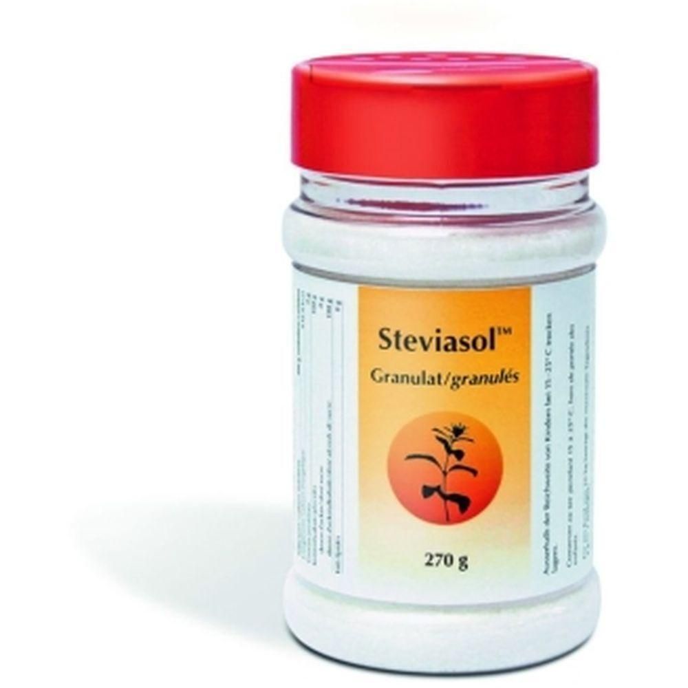 Zylindrische Dose mit rotem Deckel. Aufschrift Steviasol Granulat/granulés. Orangefarbenes Logo mit Pflanze. Gewicht 270 g.